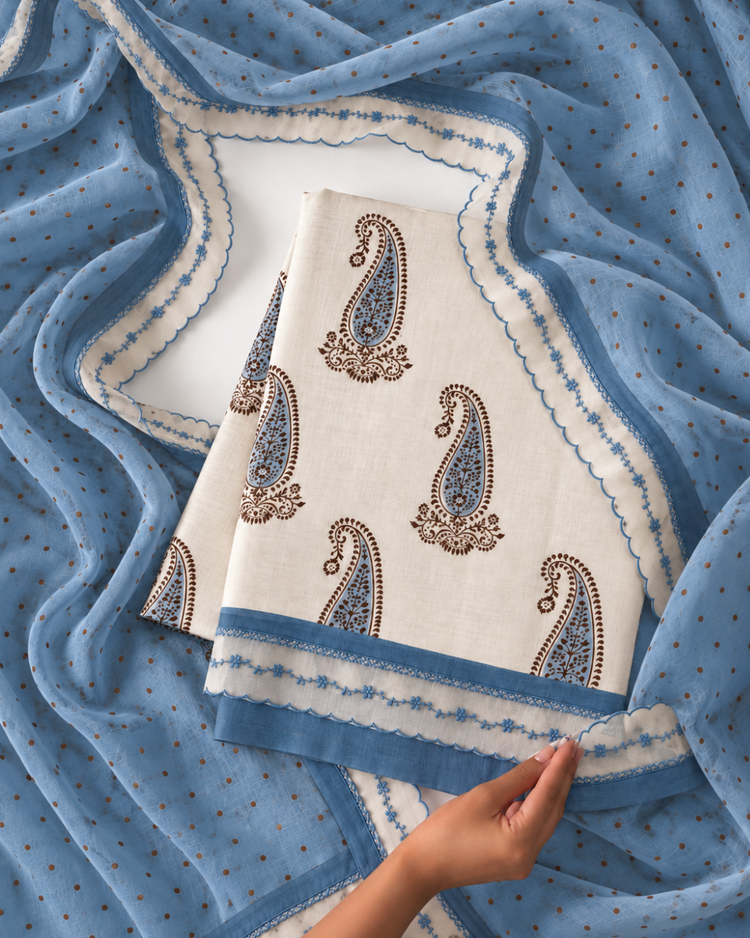 Blue Hand Block Printed Organic Cotton Fabric