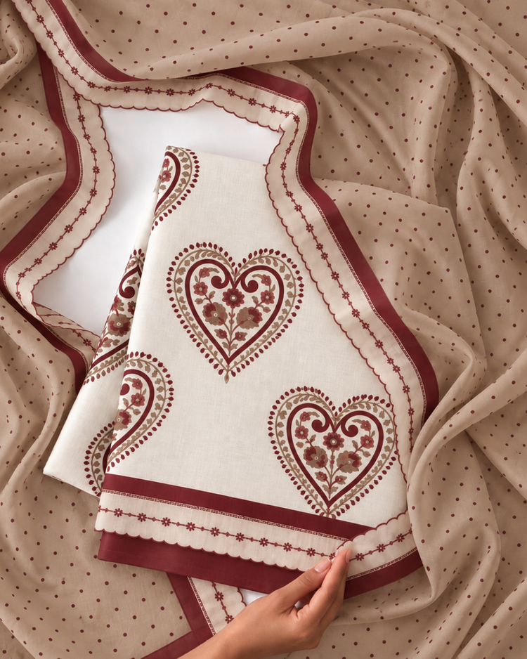 Red Brown Heart Paisley Organic Cotton Fabric