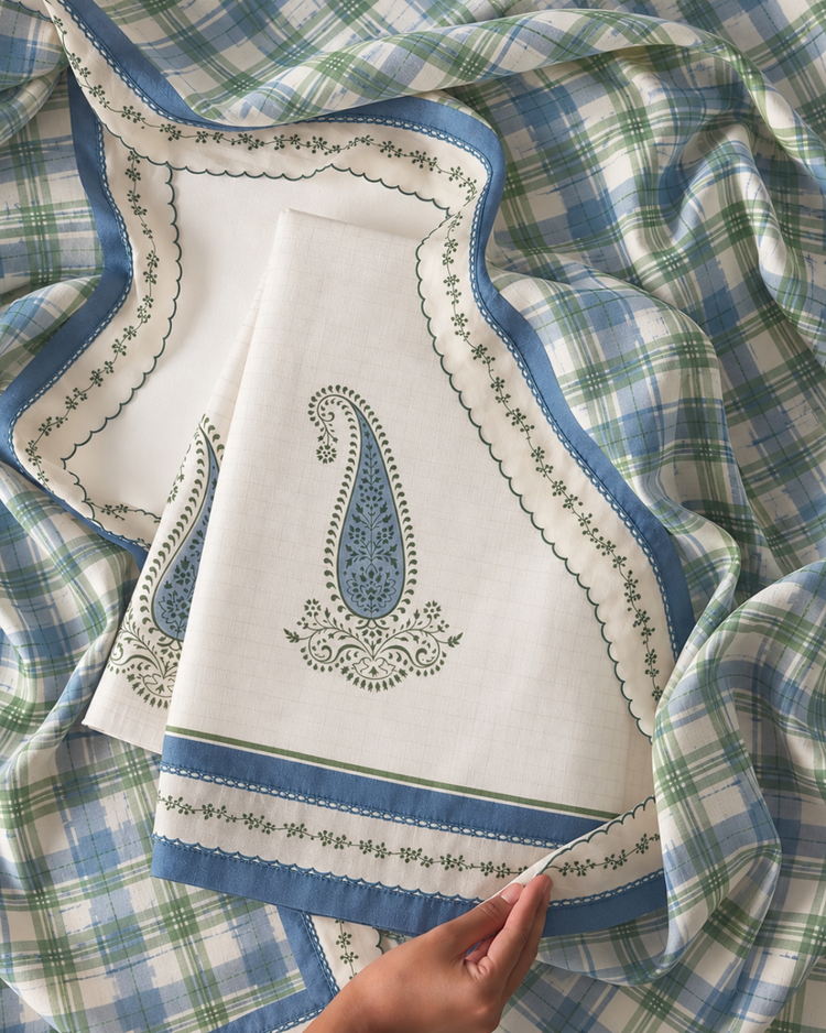 Green and Blue Hand Block Printed Organic Cotton Fabric